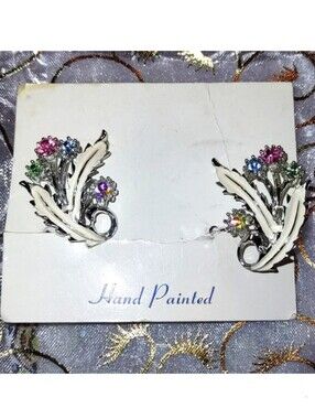 Vintage Clip Earrings Hand Painted Enamel